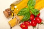 Italian Spaghetti Pasta Tomato And Basil Stock Photo