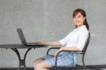 Portrait Of Thai Adult Businesswoman Beautiful Girl Using Computer Notebook Stock Photo