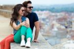 Young Tourist Couple Looking At The Views In The City Stock Photo