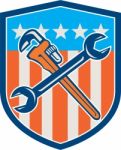 Spanner Monkey Wrench Crossed Usa Flag Shield Stock Photo