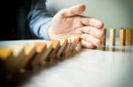 Businessman Hand Stop Dominoes Continuous Toppled Or Risk With C Stock Photo