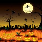 Happy Halloween Pumpkin And Witch Ghost Bats With Tree In Moon Night On Black Sky Stock Photo