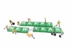 Miniature Worker Team Building Word Happy New Year On White Background Stock Photo