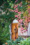 Restaurant Door In The Castle Gardens In Rothenburg Stock Photo