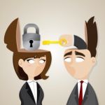 Cartoon Businessman And Businesswoman Unlock With Key Stock Photo