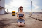 Portrait Of Thai Adult Businesswoman Beautiful Girl Using Her Tablet Stock Photo