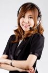 Asian Women Call Center With Phone Headset Stock Photo