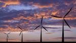 Wind Turbine Silhouette Sunset Or Sunrise Economic System Backg Stock Photo