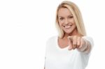 Happy Woman Pointing At You Stock Photo