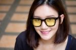 Portrait Of Thai Adult Glasses Beautiful Girl Relax And Smile Stock Photo