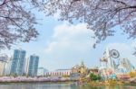 Seoul, Korea - April 9, 2015: Lotte World Amusement Park At Night And Cherry Blossom Of Spring, A Major Tourist Attraction In Seoul, South Korea On April 9, 2015 Stock Photo