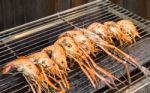 Grilled Shrimps, Prawns On The Flaming Grill Stock Photo