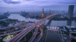 Aerial View Of Bhumiphol Bridge Crossing Chaopraya River Important Landmark And Traffic And Land Transportation In Bangkok Thailand Stock Photo