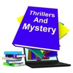 Thrillers And Mystery Book Laptop Shows Genre Fiction Books Stock Photo