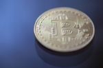 Bitcoin Curency Dof On Blue Light Background Stock Photo