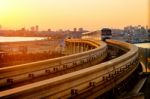 Train Railway In Sunset Stock Photo