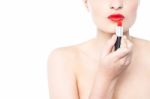 Sexy Model Applying Lipstick, Cropped Image Stock Photo