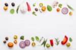 Various Fresh Vegetables And Herbs On White Background.ingredien Stock Photo