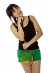 Lady Holding Badminton Racket Stock Photo