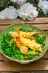 Fresh Japanese Tempura Shrimps With Salad Stock Photo