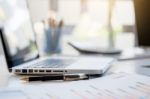 Business Desk With A Keyboard, Report Graph Chart, Pen And Table Stock Photo