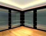 Glass Shelves In Black Empty Room Stock Photo