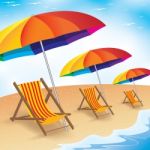 Summer Beach Holiday. Seashore With Beach Umbrella And Chair. Summer Background Of Beach Holiday Stock Photo