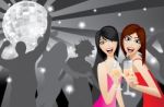 Two Women Smiling With Beverage Glasses In A Night Club Stock Photo