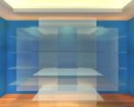 Glass Shelves In Blue Empty Room Stock Photo