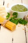 Italian Traditional Basil Pesto Pasta Ingredients Stock Photo