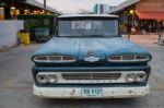 Old Vintage Blue Chevrolet Truck At Night Market, Srinakarin Roa Stock Photo