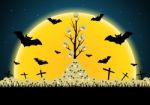 Halloween Skull Tree Pile Cross Bat Moon  Stock Photo