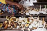 Forest Mushrooms In Thai Street Market Stock Photo