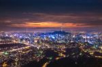 View Of Downtown Cityscape And Seoul Tower In Seoul, South Korea Stock Photo