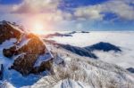 Seoraksan Mountains Is Covered By Morning Fog And Sunlight In Winter, Korea Stock Photo