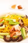 Yellow Noodle Shrimps And Vegetables Stock Photo