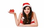 Santa Woman  Holding A Gift Box Stock Photo