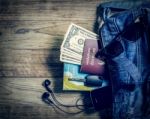 Necessary Object For Travelers In Denim Handbag Stock Photo