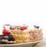 Selection Of Fresh Cream Cake Dessert Plate Stock Photo