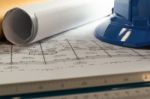 Workplace Of Architect - Architect Rolls And Plans.architectural Stock Photo