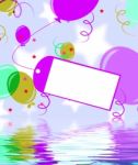 Card Tied To Balloon Displays Birthday Party Invitation Or Celeb Stock Photo