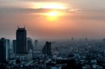 Sunset Behind Building Silhouette Horizontal In Bangkok City,thailand Stock Photo