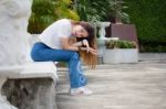 Portrait Of Thai Chinese Adult Beautiful Girl Denim Blue Bag Relax And Smile Stock Photo