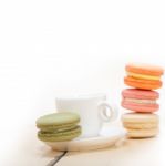 Colorful Macaroons With Espresso Coffee Stock Photo