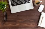 Workspace Wood Table On Top View Stock Photo