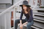 Beautiful Asian Young Woman Smiling On The City Stock Photo