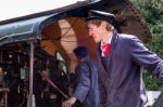 Firemn On U Class Locomotive At East Grinstead Station Stock Photo