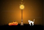 Halloween Witch Broomstick Graveyard Pumpkin Cat Thunderbolt Bac Stock Photo