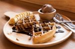 Belgian Waffles With Fruit And Chocolate, Forest Fruit, All Home Stock Photo