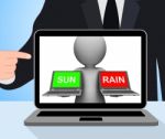 Sun Rain Laptops Displays Weather Forecast Sunny Or Raining Stock Photo